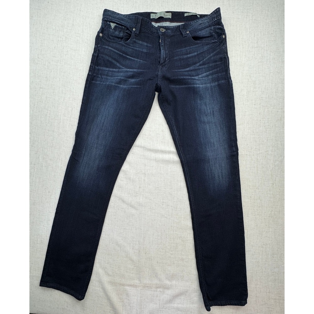 Guess Slim Tapered Jeans Mens 36 Dark Indigo Whiskered Denim Modern Casual Sleek